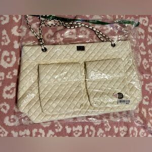 BADGLEY MISCHKA Diana XL Faux Leather Tote Weekender Travel Bag, Cream